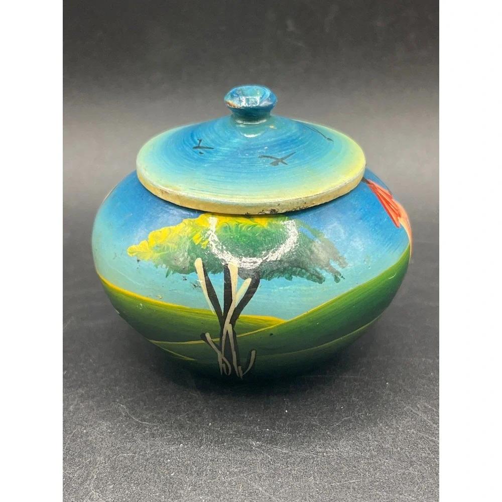 Hand Painted Trinket Box African Village Scene Lidded Jar Decor Small -‎ As Is